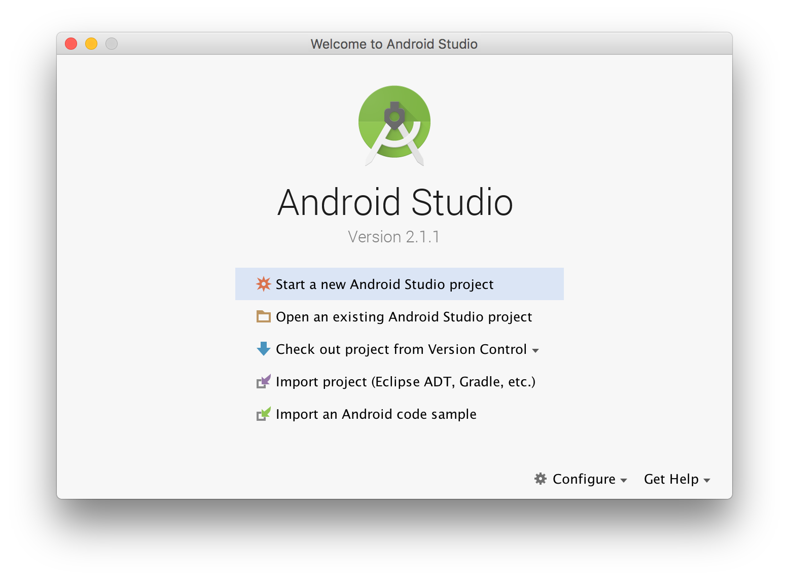 Android Studio Welcome Screen